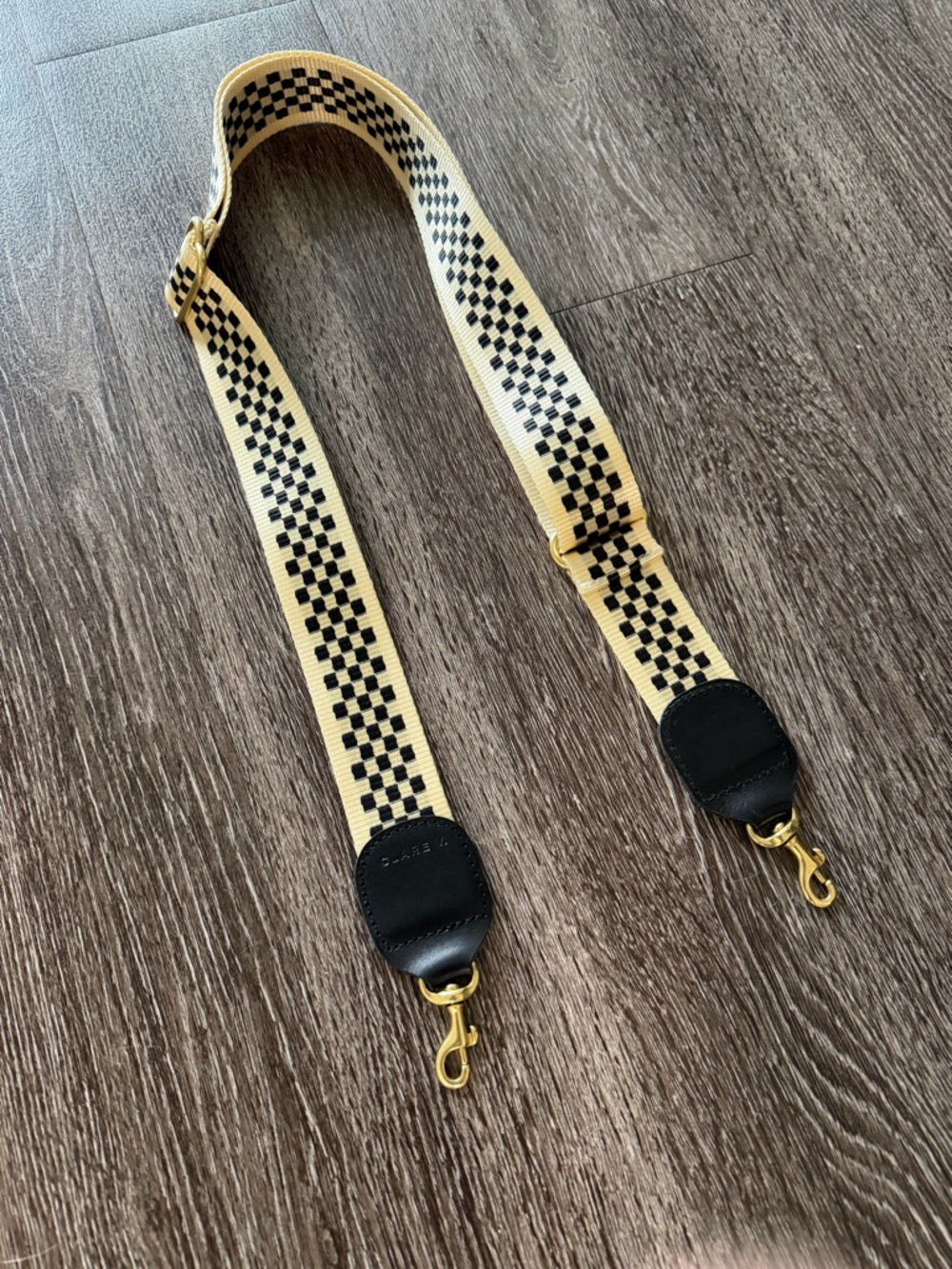 Detachable Beige & Black Checkered Bag Strap with Gold Hardware